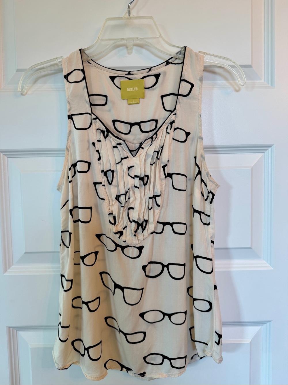 Anthropologie MAEVE Sleeveless Cream Tank with Black Eyeglass Print